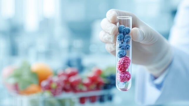 Blueberry and raspberry test tube held by scientist for laboratory food analysis and nutritional research suitable for article,Polyphenol Day