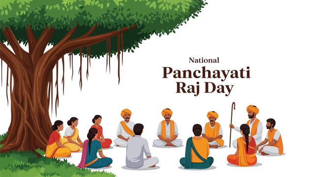 Illustrated scene depicting National Panchayati Raj Day, showcasing a diverse group gathered in a circle under a large banyan tree against a clean white background, symbolizing rural
