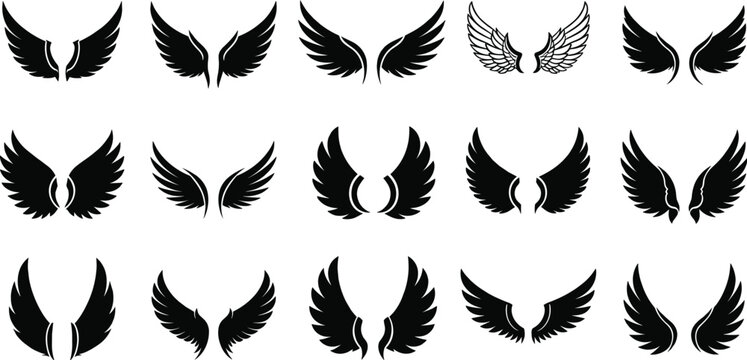 Black wings silhouette vector set with diverse eagle and angel wing shapes
