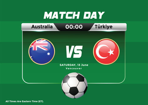 2026 World Football Tournament Australia vs T&uuml;rkiye Match Schedule and scoreboard. USA, Mexico, Canada Football Championship Poster.