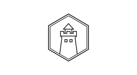 Minimalist Tower Icon, Geometric Hexagon Logo Design, Line Art Fortress Symbol © rian