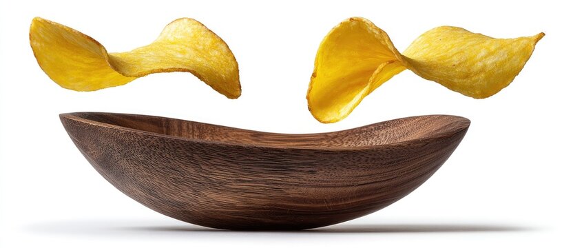 Potato chips levitating above wooden bowl against white background