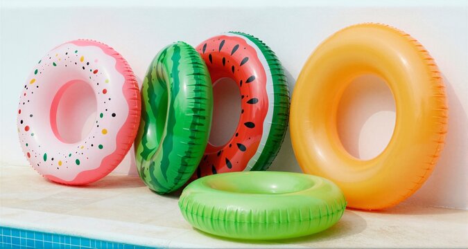 Vibrant collection of inflatable pool float rings leaning against a poolside wall. This sunny summer scene features a donut and watermelon design for leisure and vacation