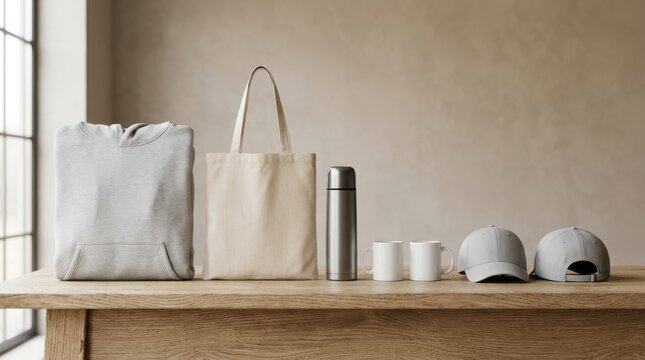 An empty brown paper shopping bag with a handle stands isolated on white next to a green recycling bin in a kitchen for retail package disposal
