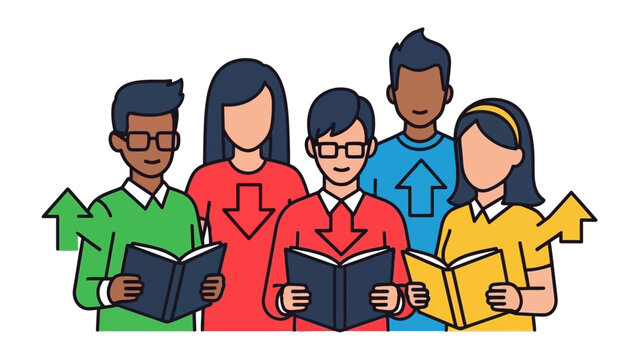 Young Readers United: A group of diverse readers, each engrossed in their books, symbolized by the direction of arrows, signifying the journey of shared knowledge and growth.