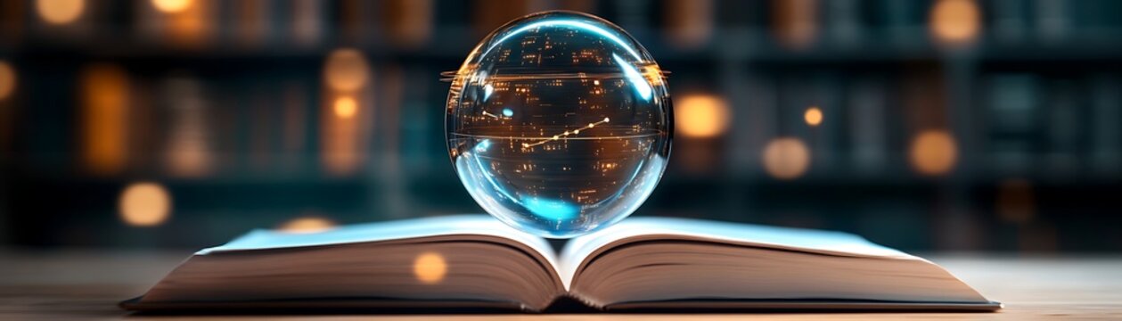 Crystal ball with reflections on an open book, showcasing knowledge and exploration in a library setting with blurry background lights