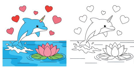 Cute Cartoon Narwhal Jumping Over a Lotus Flower with Pink Hearts, Adorable Magic Dolphin Unicorn © MstSangita