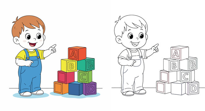 Little Boy Learning Letters with ABC Toy Blocks Cartoon Illustration for Kids Education