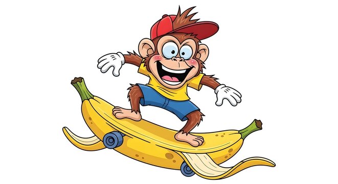 Funny Cartoon Monkey Surfing on a Banana Skateboard.