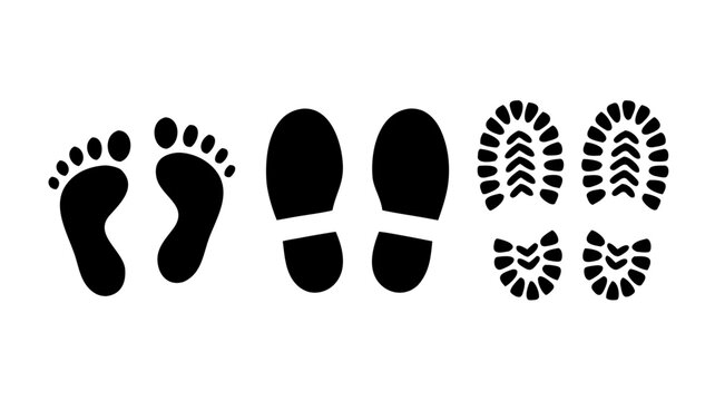 Footprints and shoe prints silhouette set bare foot