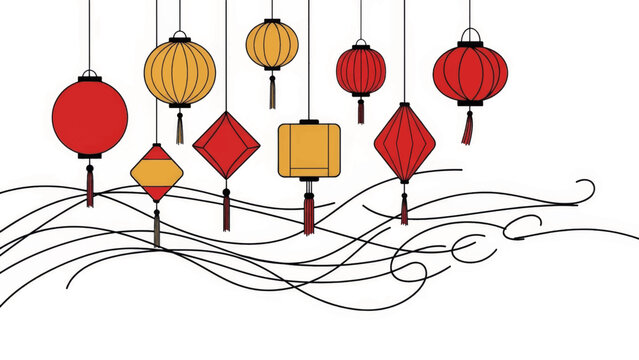 A collection of hanging Chinese lanterns for the Lantern Festival. Minimalist vector illustration of red and yellow Asian decorations. Stylized graphic element isolated on a white background