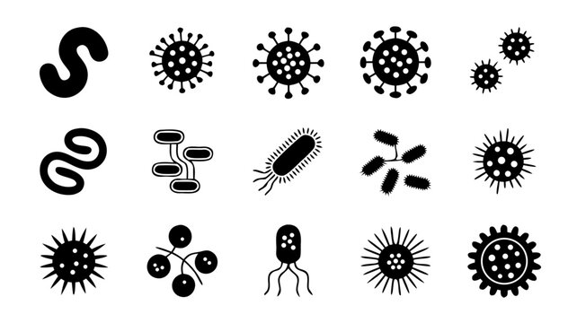 Set of 16 black and white microorganism bacteria virus