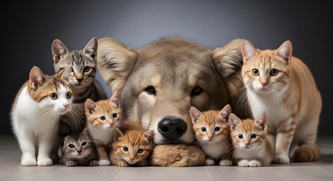 A Group of Adorable Kittens and a Majestic Dog Posed Together.