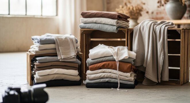 Neatly folded stacks of natural linen clothing in muted earth tones, ready for a boutique display.