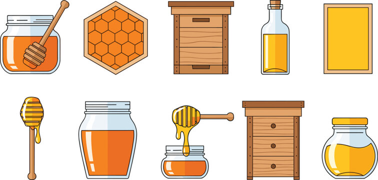 Honey and Beekeeping Vector Illustration Collection Featuring Jars, Dippers, Honeycombs, Beehives, and Frames for Farming, Organic Food, and Nature Design Projects