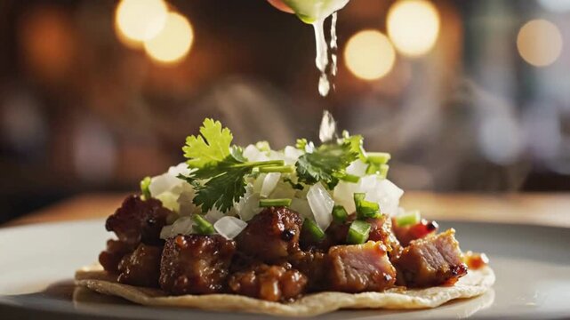 close up of fresh lime juice squeezed over delicious grilled pork street taco with cilantro and onions
