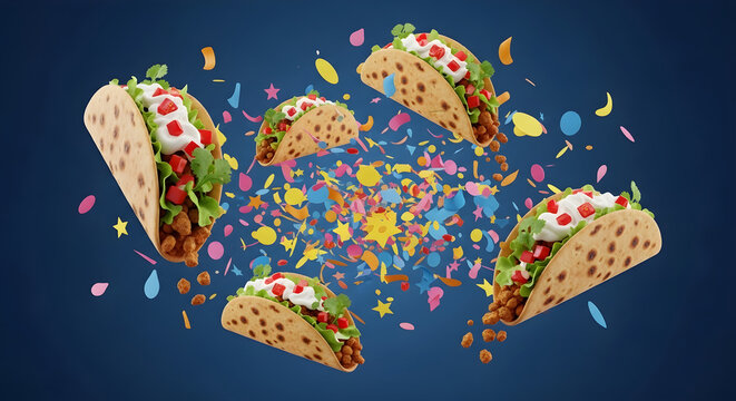 A celebratory arrangement of four colorful tacos explodes with confetti.