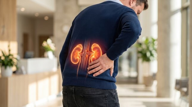 Human organ discomfort: kidney disease, poor function, back pain, body ache, health issue, medical trouble, chronic condition, organ damage, human suffer, physical malaise.
