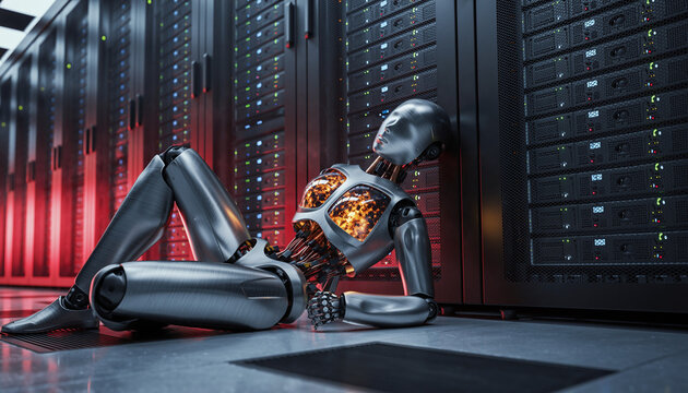Malfunctioning android slumping against server rack with red warning lights flashing