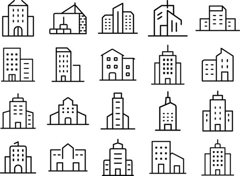 a collection of twenty five simple black line drawings depicting various building structures arranged in a five by five grid high quality professional detailed modern elegant