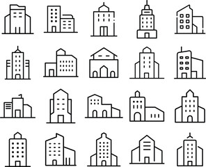 Fototapeta premium a collection of twenty five simple black line drawings depicting various building structures arranged in a five by five grid high quality professional detailed modern elegant