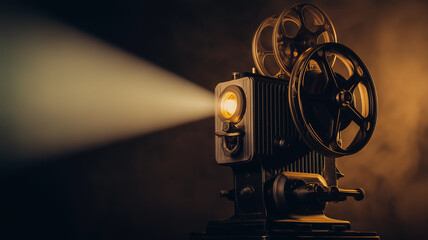 Fototapeta premium Vintage Film Projector Turned On With Bright Light Beam And Rotating Reels In Warm Dramatic Atmosphere For Cinematic Retro Background