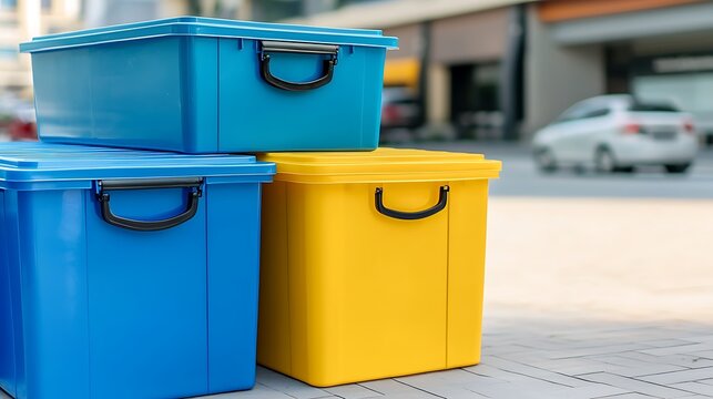 Colorful storage containers stacked together in an urban outdoor setting with a blurred vehicle in the background