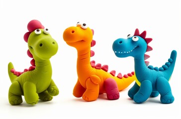 Naklejka premium Three lovely colorful playdough dinosaurs handmade craft isolated on clean white background