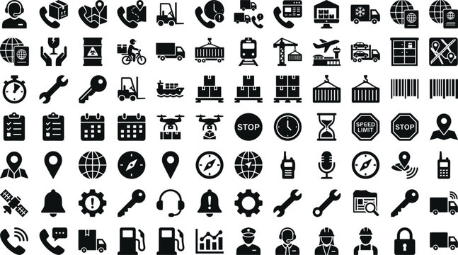 Logistics transportation solid icon set with delivery warehouse tracking fleet navigation editable vector collection supply chain management symbols