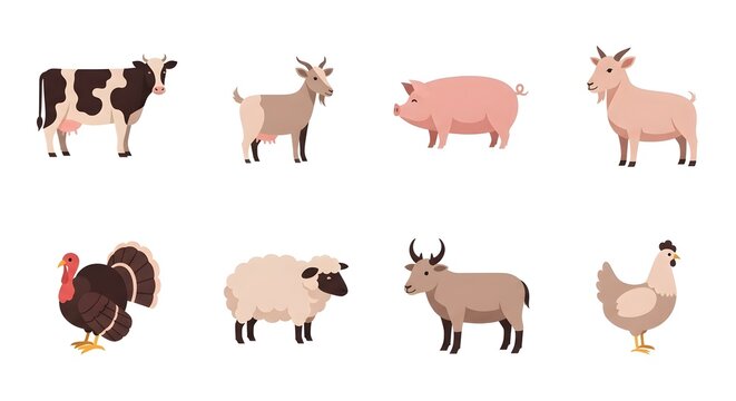 Collection of Farm Animals Illustrated in a Simple Flat Style.
