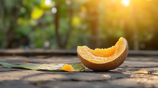 Freshly Cut Melon Slice on Leaf with Warm Sunlight in Nature Background, Perfect for Summer and Healthy Lifestyle Concepts