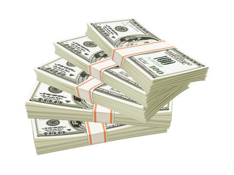Stack of money bills with orange rubber bands isolated on white background