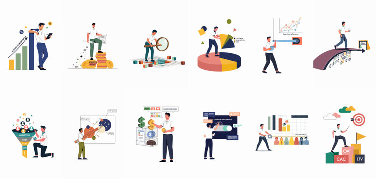 Business marketing and data analysis vector illustration set featuring growth metrics, acquisition costs, funnel optimization, and performance tracking.