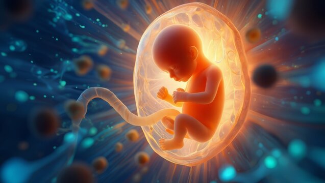 A highly detailed and realistic depiction of a fetus in the amniotic sac, highlighting the miracle of life and the advancements in IVF technology.