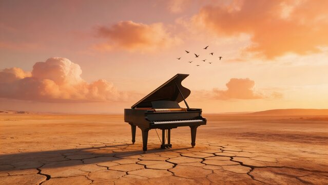 Piano in desert at sunset