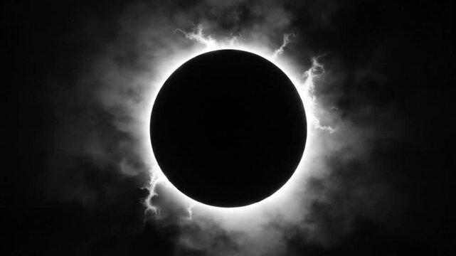 Black and white solar eclipse in the sky with clouds and bright corona during daytime in the dark