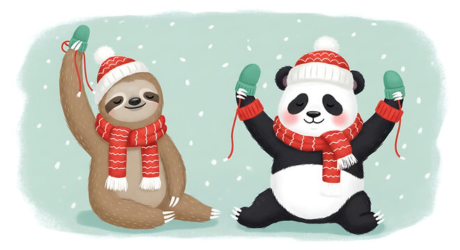 Sloth and panda wearing winter clothing and celebrating