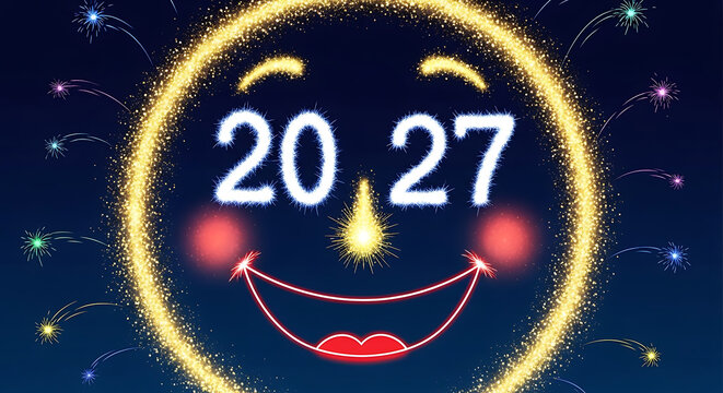 Smiling face with 2027 written in sparkles on a dark background, with fireworks