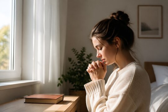 Young woman praying with closed eyes at home, spiritual meditation, faith and hope concept