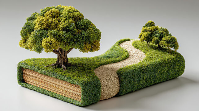 A miniature-style landscape with lush green trees and a winding dirt path across rolling hills, rendered in a soft realistic 3D style on a neutral gray background.
