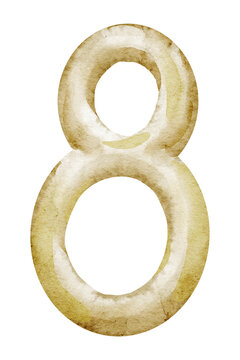 Number Eight watercolor illustration in golden tones. Hand painted Digit isolated on background. Suitable for childish birthday, anniversary and celebration typography design.