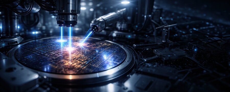 Dual laser tools processing silicon wafer in semiconductor chamber, advanced microchip fabrication, precision industrial innovation, electronics manufacturing, website banner with copy space.