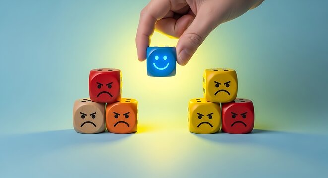 Hand placing a blue happy face dice among red sad face dice, symbolizing positivity and change in mood, concept of emotional transformation and optimism.