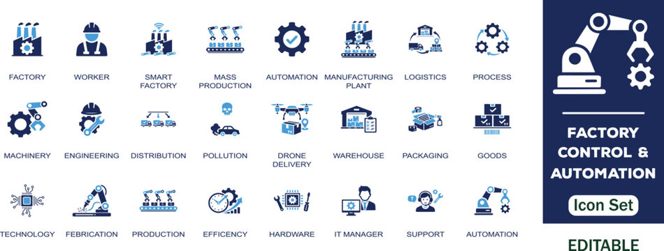 Factory control and automation editable solid icon set. Containing worker, smart factory, industry, production, machine, manufacture, warehouse, fabrication, goods and more vector icons collection. 