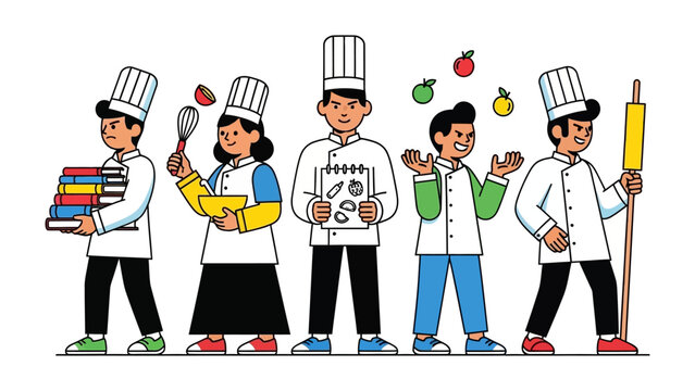 Culinary Team Spirit: A dynamic illustration depicts a team of chefs, each wielding a tool of their trade and radiating a sense of dedication and expertise.