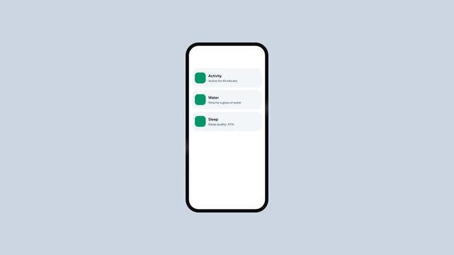 Health and wellness app notifications on smartphone for activity tracking hydration and sleep quality