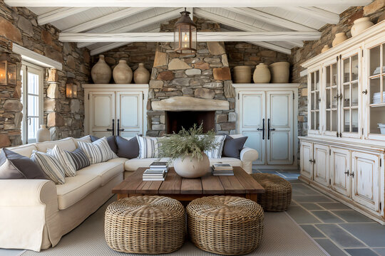 Rustic stone fireplace living room with distressed cabinets, vaulted beamed ceiling, linen sofa and wicker ottoman.