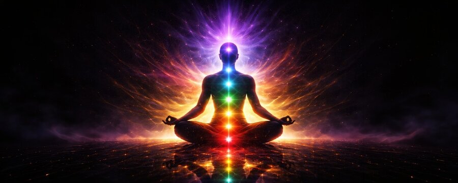 Meditating silhouette with glowing rainbow chakra lights and cosmic aura, spiritual healing concept, energy balance journey, panoramic mindfulness scene.