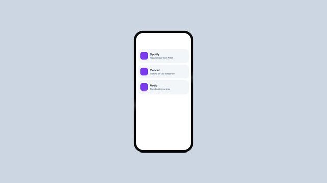 Music streaming app notifications on smartphone screen with playlist update and concert ticket alerts
