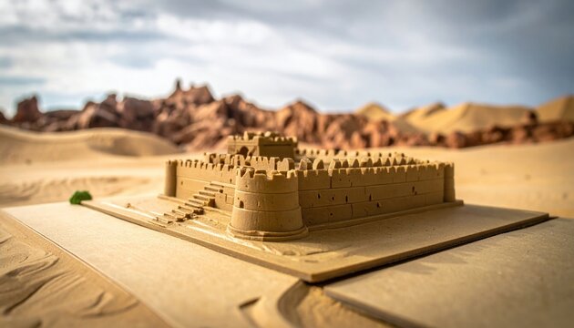 Intricate hand painted miniature resin fortress and battlements displayed on a contoured desert landscape backdrop, creating a realistic historical military stronghold scene.